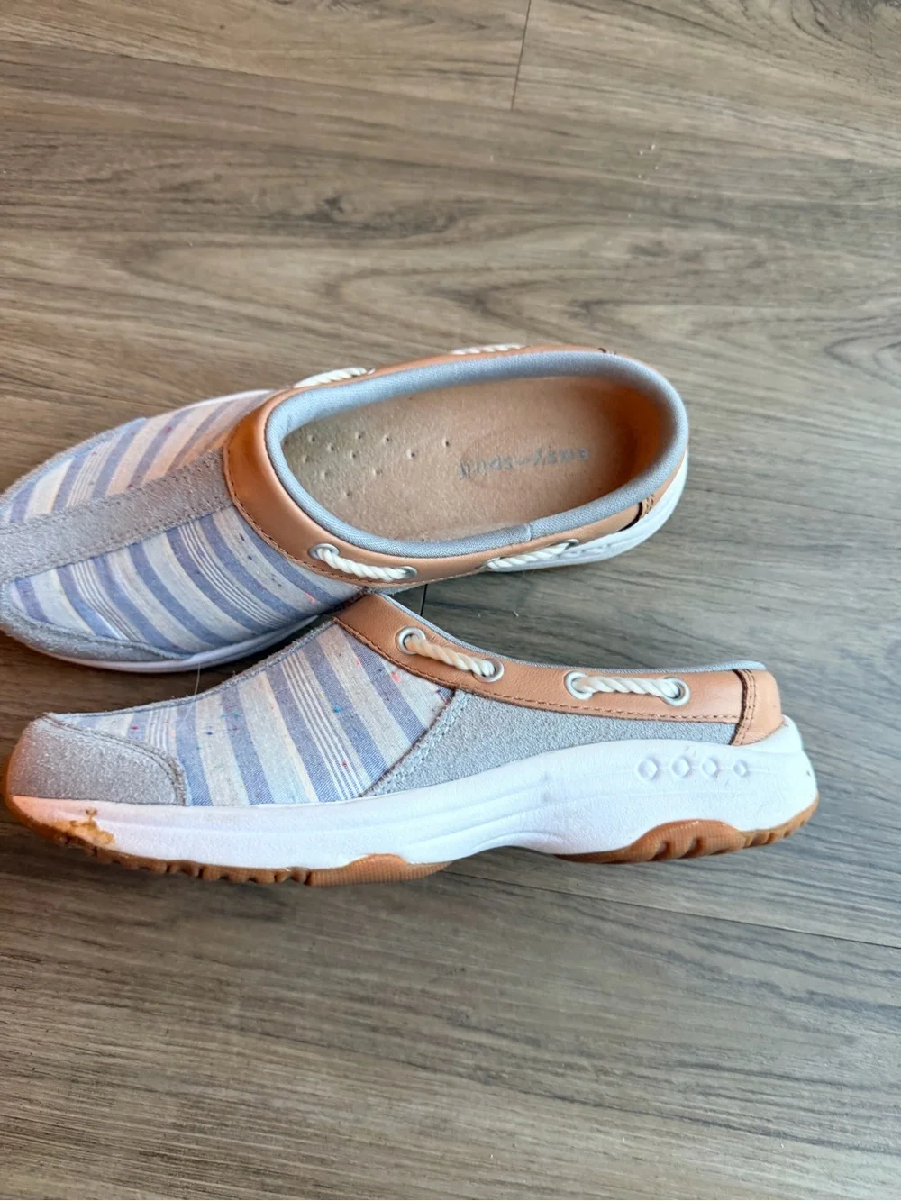 Easy Spirit Slip-On Striped Sneakers in Light Blue and Tan